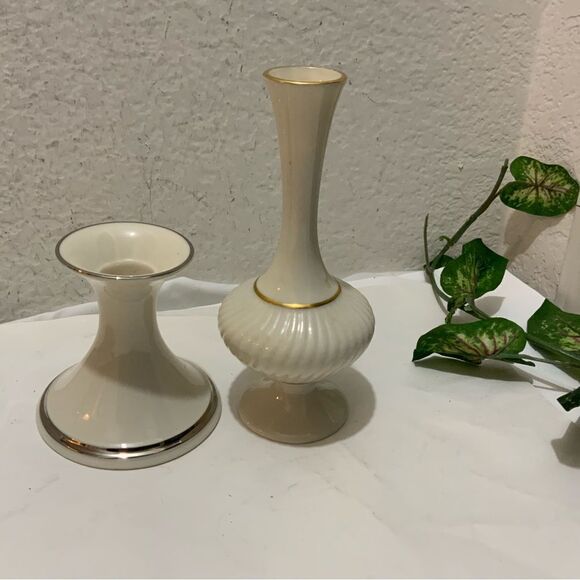 Vintage Lenox USA Porcelain - Long Neck Potbelly Vase Footed 24k & candle holder - Picture 2 of 13